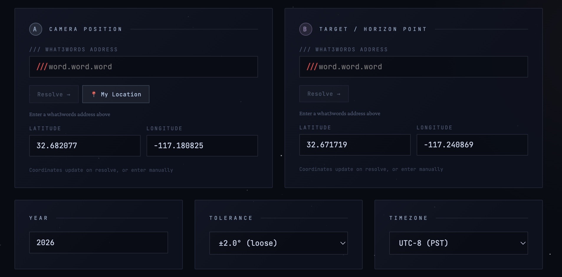 Screenshot: Lunar Alignment Calculator input fields