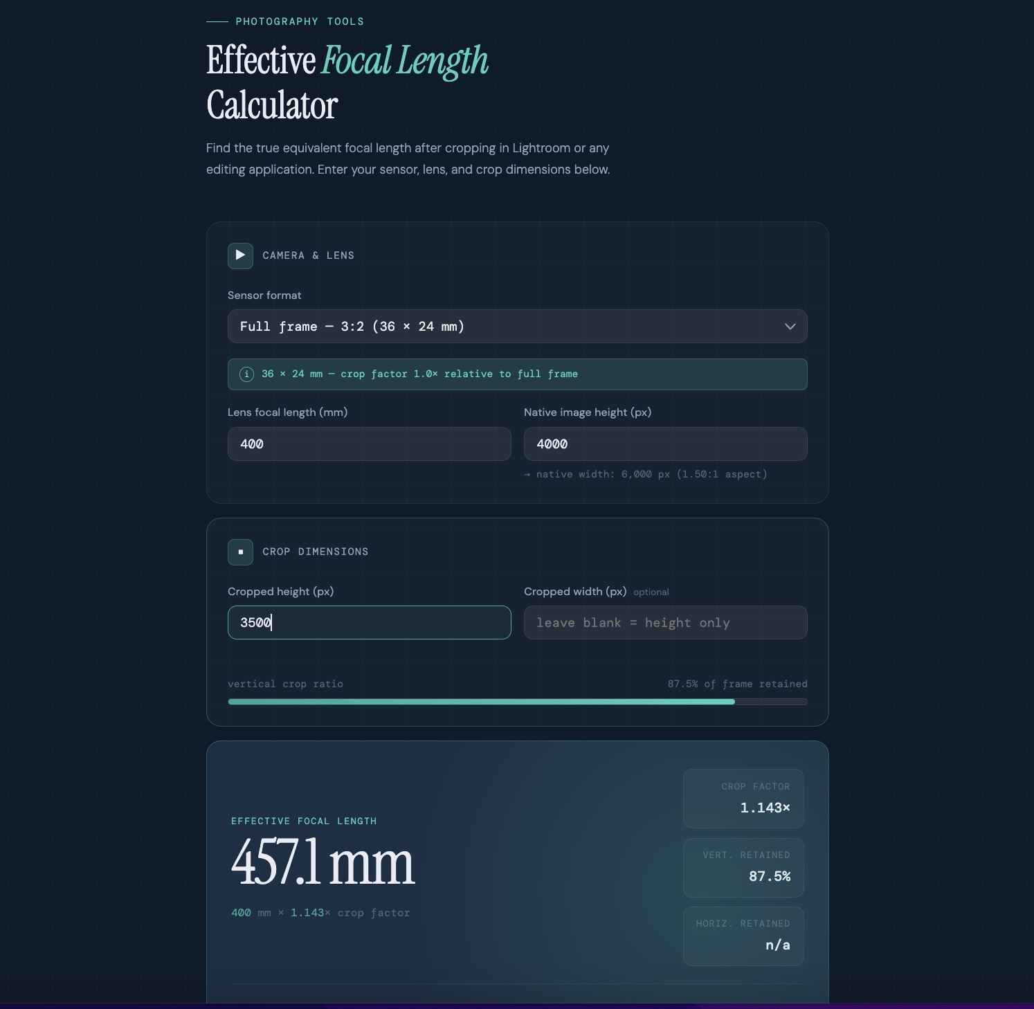Screen shot of Effective Focal Length Calculator