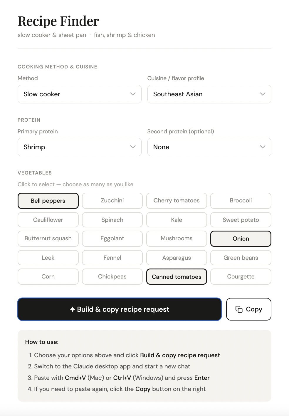 Screenshot of my personalized recipe generator app