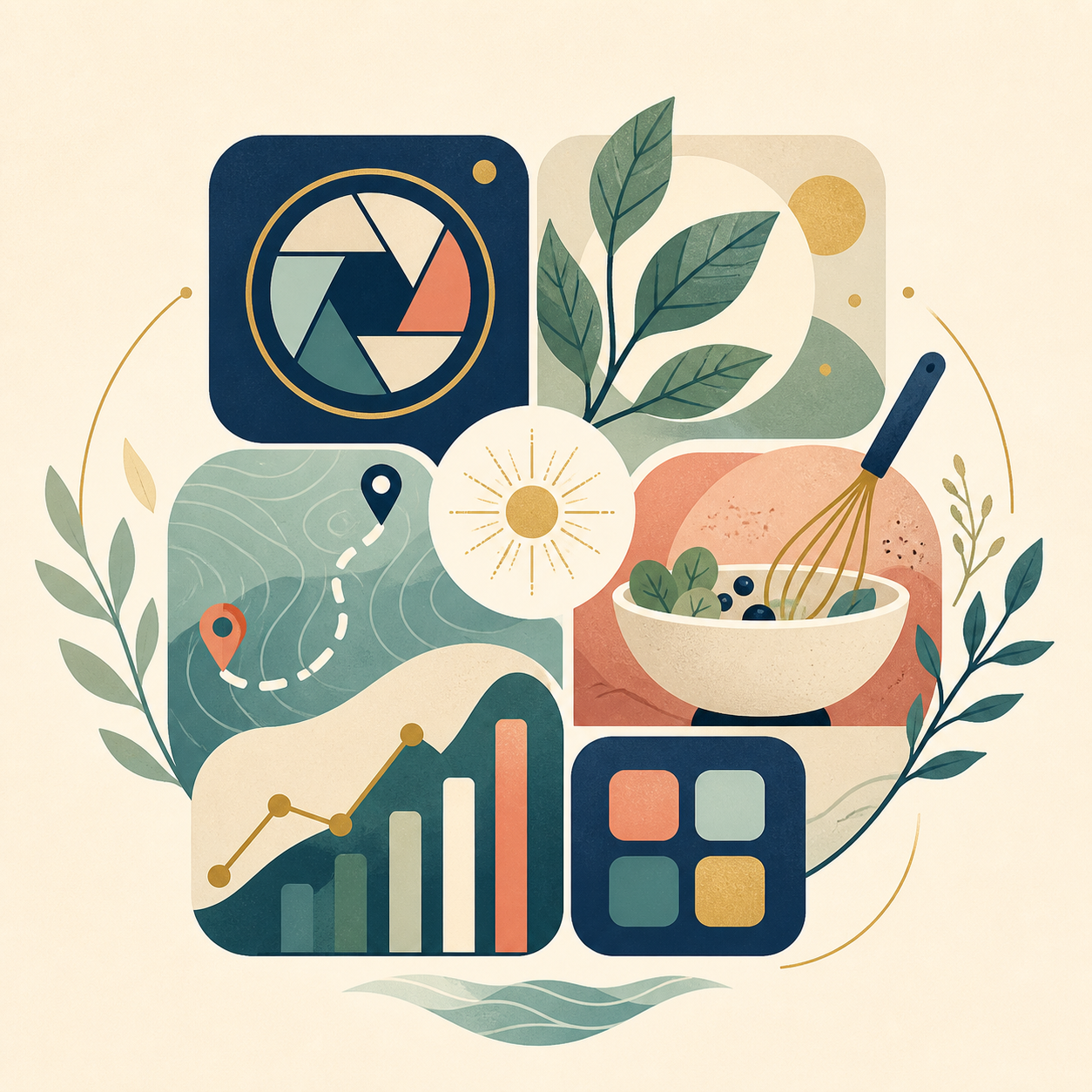 A mosaic of practical AI applications including photography, travel, food, analytics, and apps