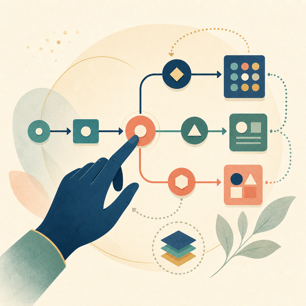 A hand guiding a branching workflow of reusable methods and formats