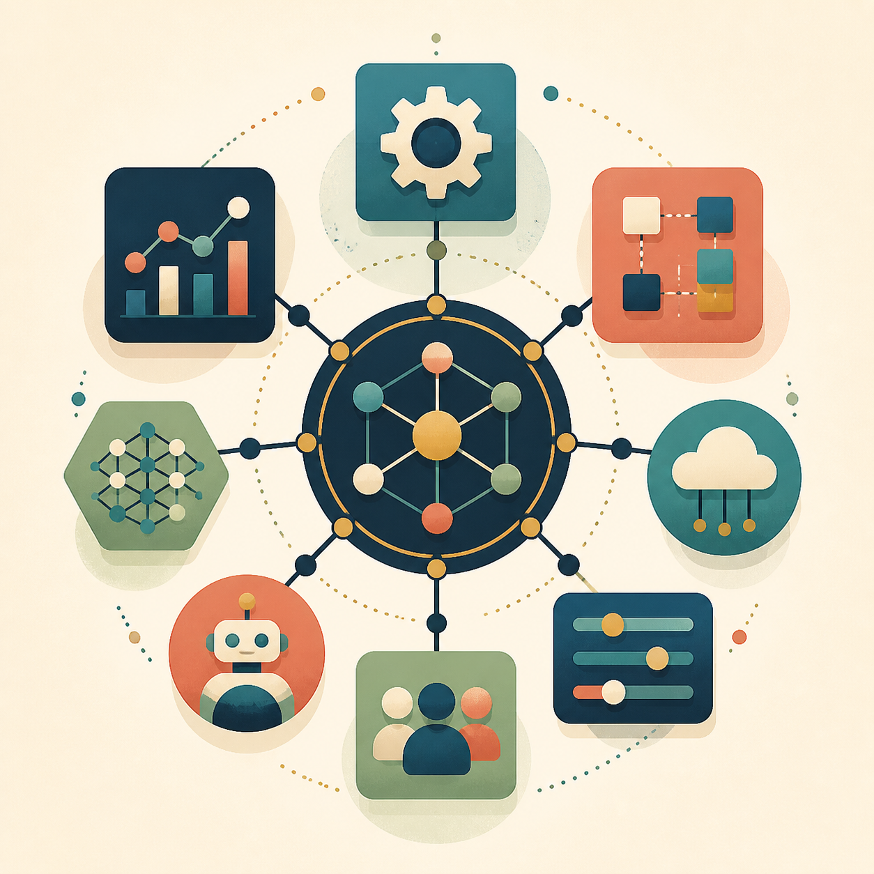 Connected AI tools and organizations arranged around a central network
